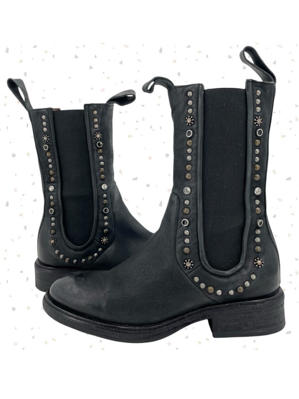 A.S.98 Studded Black Leather Boots Tall Chelsea Fall Boho Edgy Biker Fit Size 37
